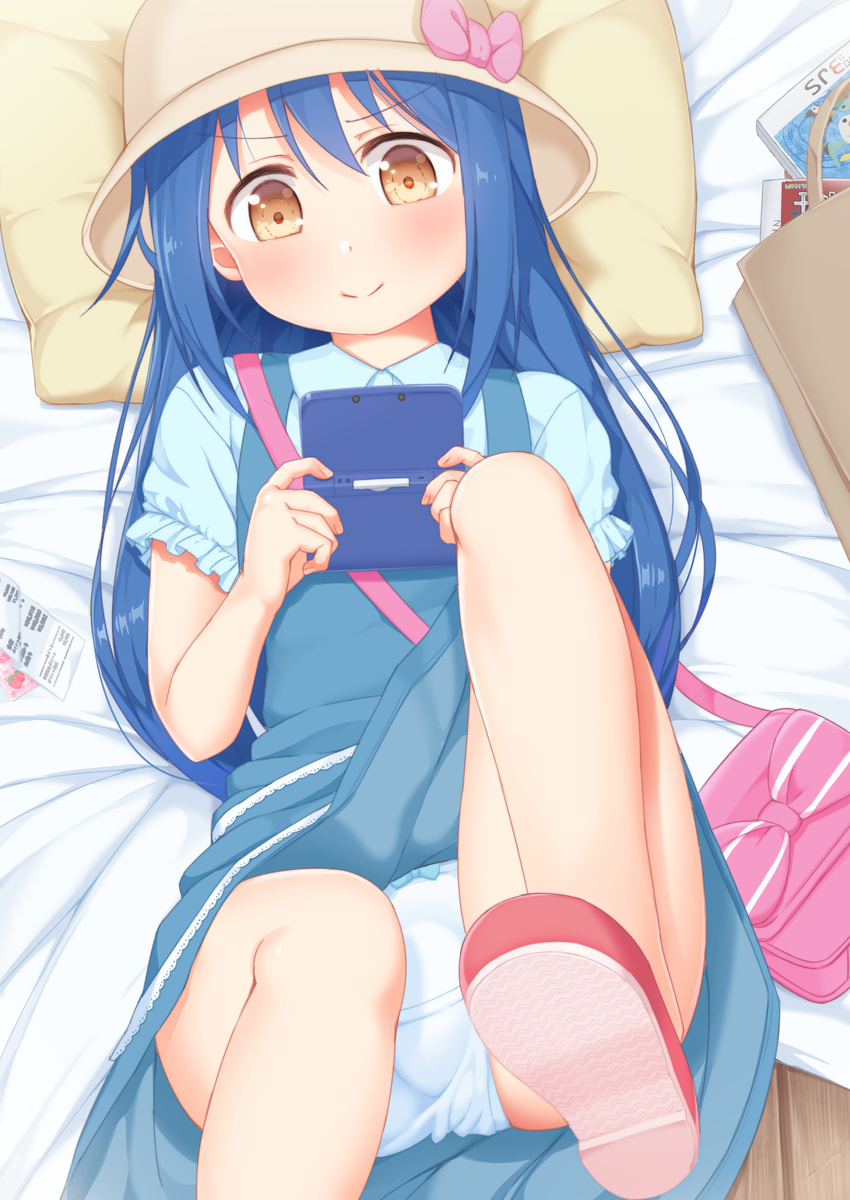 blue_hair blush bow bow_panties commentary_request dress eyebrows_visible_through_hair handheld_game_console hat hat_bow highres kotoha_(mitsuboshi_colors) long_hair lying mitsuboshi_colors nintendo_3ds panties pantyshot pantyshot_(lying) pillow playing_games short_sleeves smile solo tachimi_(basue) underwear white_panties yellow_eyes