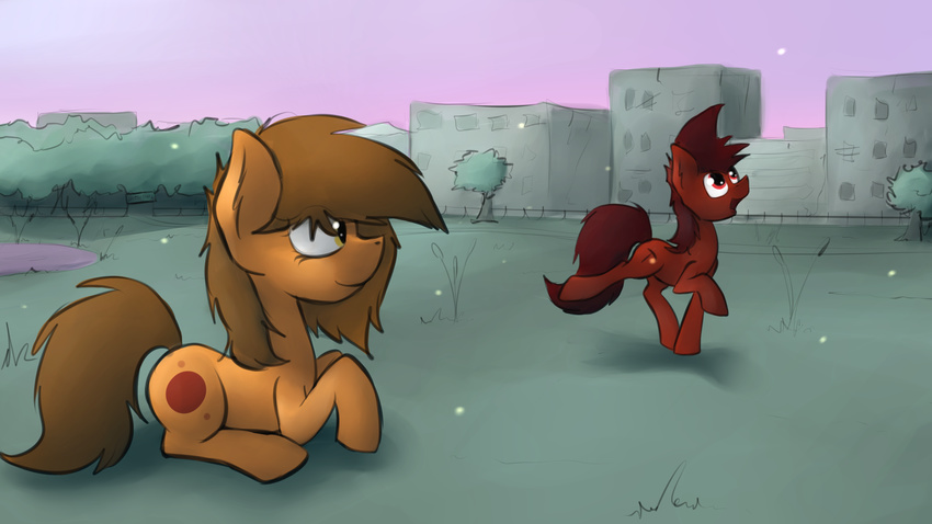 16:9 city digital_media_(artwork) duo earth_pony equine fan_character female feral horse male mammal mars_miner marsminer my_little_pony outside park playing pony tree venus_spring