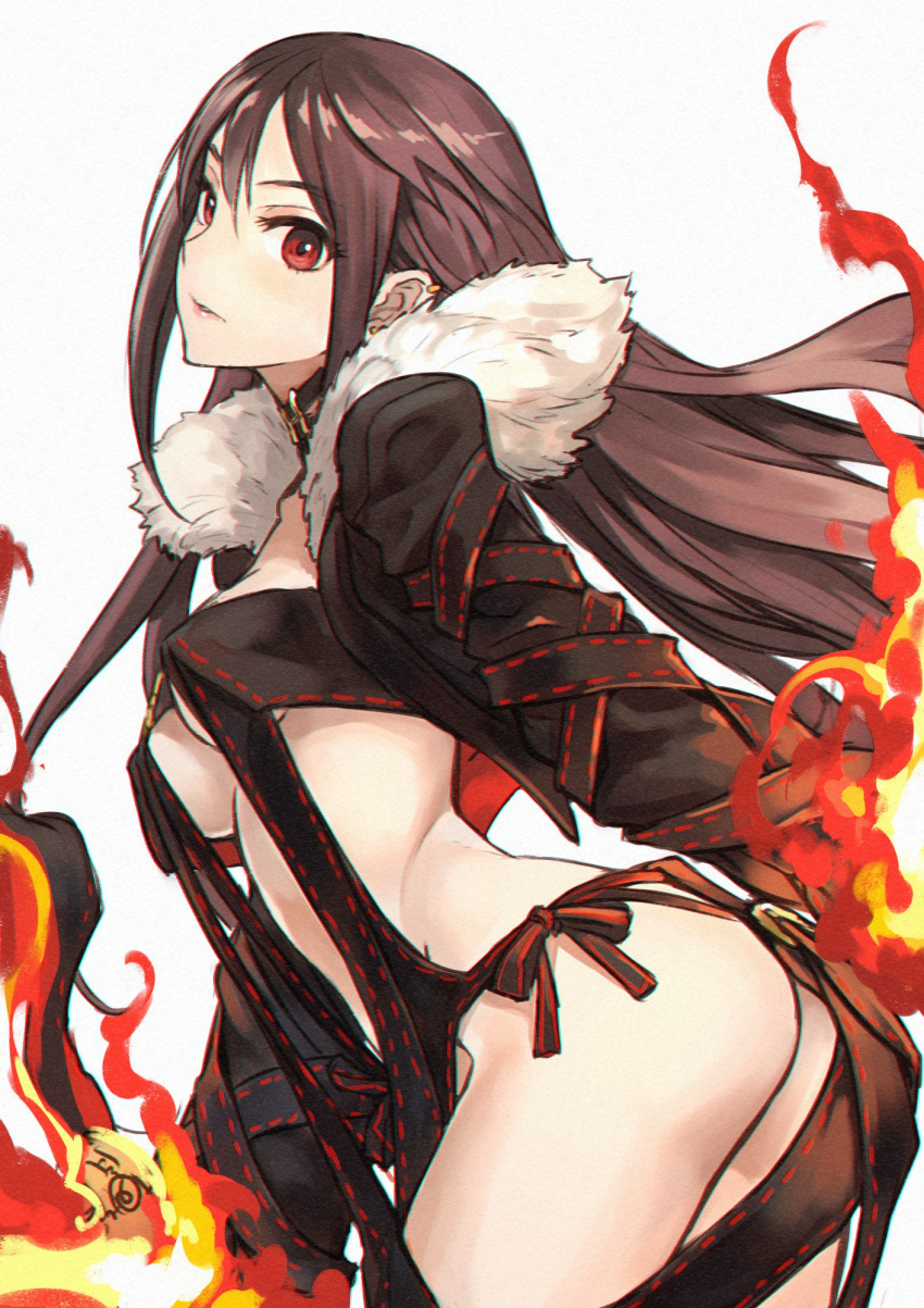 1girl arched_back ass breasts brown_hair choker consort_yu_(fate) earrings fate/grand_order fate_(series) fire from_side fur_trim highres jewelry leaning_forward lips long_hair looking_at_viewer ninnin_(shishitou) parted_lips red_eyes revealing_clothes ribbon-trimmed_clothes ribbon_trim sidelocks simple_background small_breasts solo underboob white_background