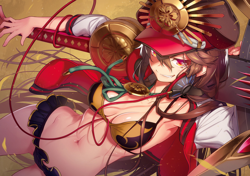 ass_visible_through_thighs bikini breasts brown_hair cleavage commentary_request cowboy_shot dutch_angle fate/grand_order fate_(series) frilled_bikini frills grin hat headphones headphones_around_neck highres jacket long_hair looking_at_viewer medium_breasts navel nilitsu oda_nobunaga_(fate) oda_nobunaga_(swimsuit_berserker)_(fate) open_clothes open_jacket orange_eyes over_shoulder smile solo swimsuit very_long_hair weapon weapon_over_shoulder