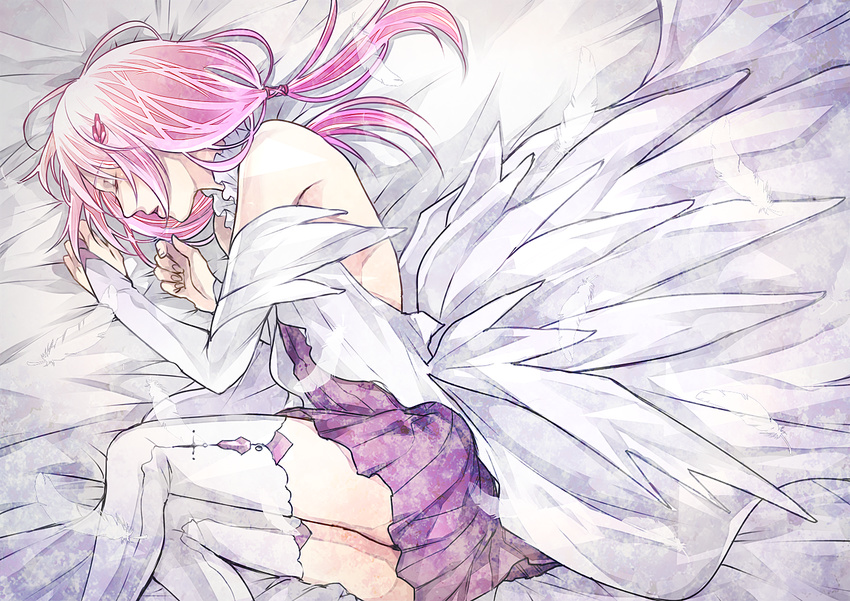 bed_sheet bridal_gauntlets closed_eyes from_above guilty_crown hair_ornament long_hair low_twintails lying miniskirt on_side open_mouth pink_hair pleated_skirt purple_skirt skirt sleeping solo thighhighs twintails white_feathers white_legwear yoma yuzuriha_inori zettai_ryouiki