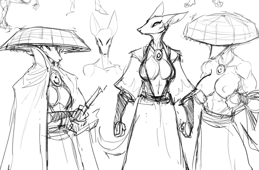 2018 abs anthro athletic breasts canine cleavage cloak clothed clothing female fox guoh hakama hat japanese_clothing mammal melee_weapon monochrome nipples open_shirt samurai simple_background sketch sketch_page solo sword topless undressing weapon white_background