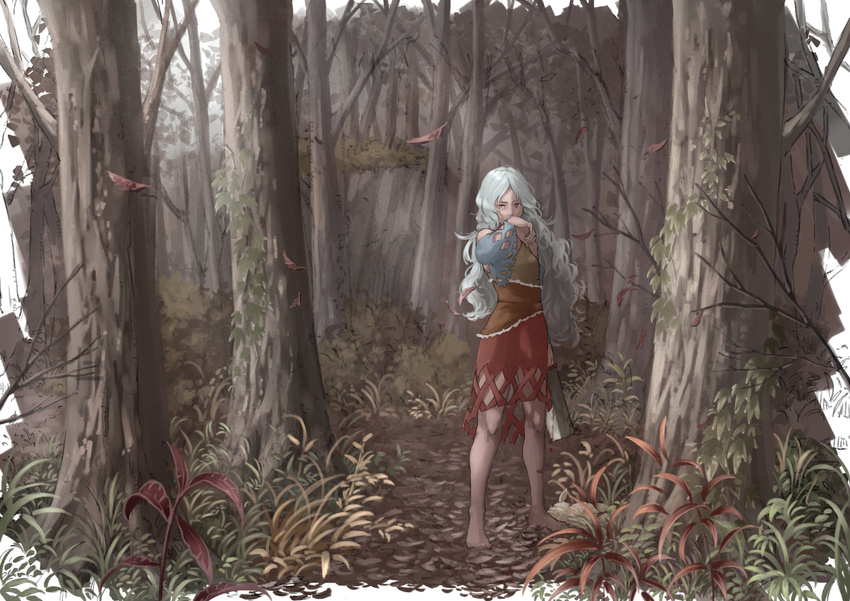 arm_at_side bare_legs bare_shoulders barefoot blood commentary_request day detached_sleeves dress dripping forest full_body grey_hair hand_to_own_mouth hand_up hatchet holding long_hair looking_at_viewer multicolored multicolored_clothes multicolored_dress nagi_(xx001122) nature outdoors red_eyes sakata_nemuno single_strap solo standing touhou tree wavy_hair