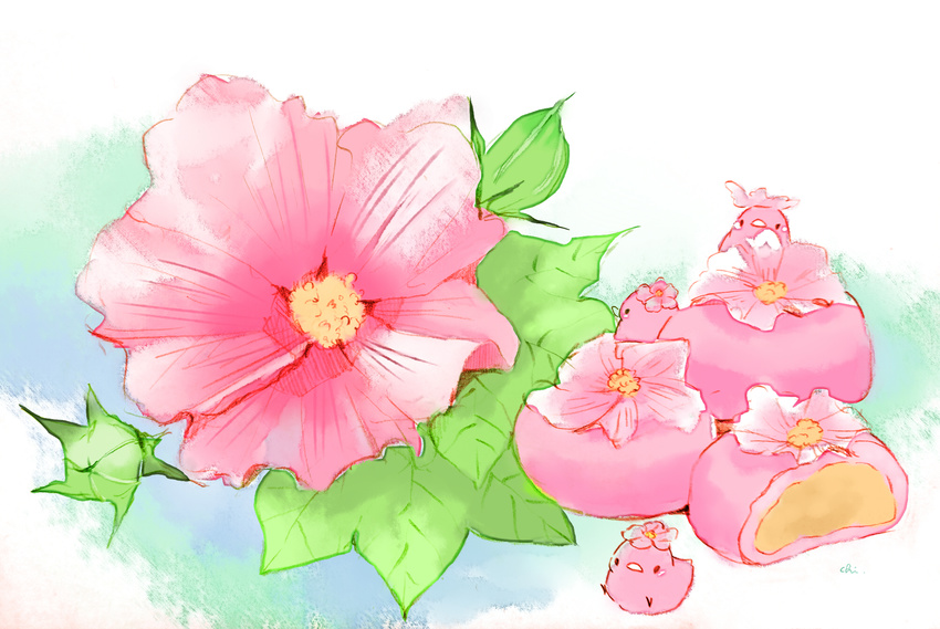 chai flower food highres ichigo_daifuku no_humans original pink_flower traditional_media wagashi