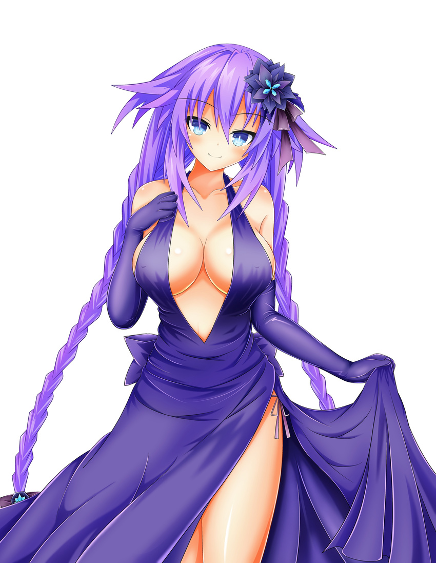 absurdres bare_shoulders blue_eyes blush braid breasts check_commentary commentary commentary_request dress elbow_gloves flower gloves hair_flower hair_ornament highres kyou large_breasts long_hair looking_at_viewer neptune_(series) power_symbol purple_dress purple_gloves purple_hair purple_heart side_slit simple_background skirt_hold smile solo string_panties symbol-shaped_pupils twin_braids twintails very_long_hair white_background