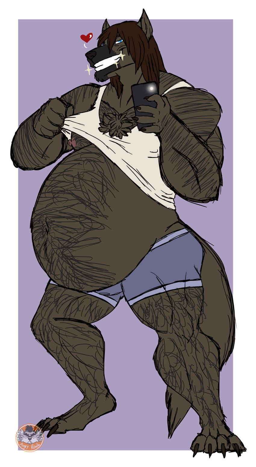 &lt;3 aged aged_up angrykoala anthro belly belly_overhang biceps big_belly bloated body_hair canine chest_hair clothed clothing digital_media_(artwork) fuzzy hair hairy looking_at_viewer male mammal mature_male musclegut muscular overhang parent swooce traditional_media_(artwork) wolf