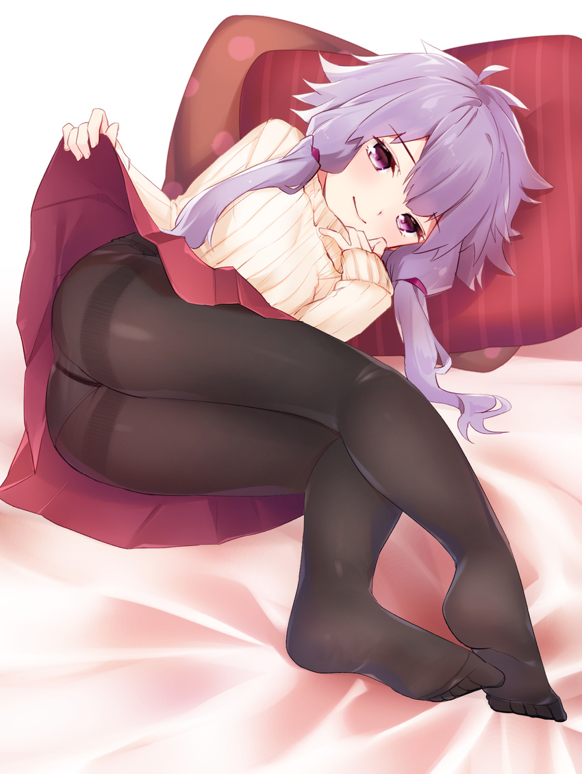 ahoge alternate_costume ass ayamori_mimi black_legwear closed_mouth crotch_seam eyebrows_visible_through_hair feet highres legs lifted_by_self long_hair long_sleeves looking_at_viewer low_twintails lying medium_skirt no_shoes on_side panties panties_under_pantyhose pantyhose pillow pleated_skirt polka_dot polka_dot_pillow purple_eyes purple_hair red_skirt skirt skirt_lift sleeves_past_wrists smile soles solo sweater thighband_pantyhose twintails underwear upskirt vocaloid voiceroid yellow_sweater yuzuki_yukari