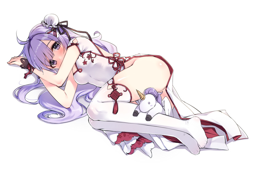 ahoge azur_lane bangs black_ribbon blush breasts bun_cover china_dress chinese_clothes cleavage commentary covered_mouth dress eyebrows_visible_through_hair full_body hair_between_eyes hair_bun kuro_(kuronell) long_hair looking_at_viewer lying medium_breasts no_shoes on_side purple_eyes purple_hair ribbon short_sleeves side_bun solo stuffed_alicorn stuffed_animal stuffed_toy thighhighs unicorn_(azur_lane) white_background white_dress white_legwear wrist_cuffs