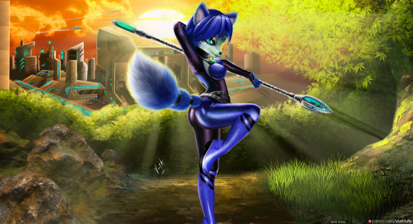 2018 absurd_res anthro belt black_nose blue_fur blue_hair bodysuit boots building canine clothing cloud detailed_background dipstick_tail female footwear fox fur grass green_eyes hair hair_ornament hi_res jewelry krystal mammal multicolored_tail necklace nintendo pose rock short_hair signature skinsuit staff star_fox sun sunlight tailband tight_clothing tree url v-tal video_games water white_fur