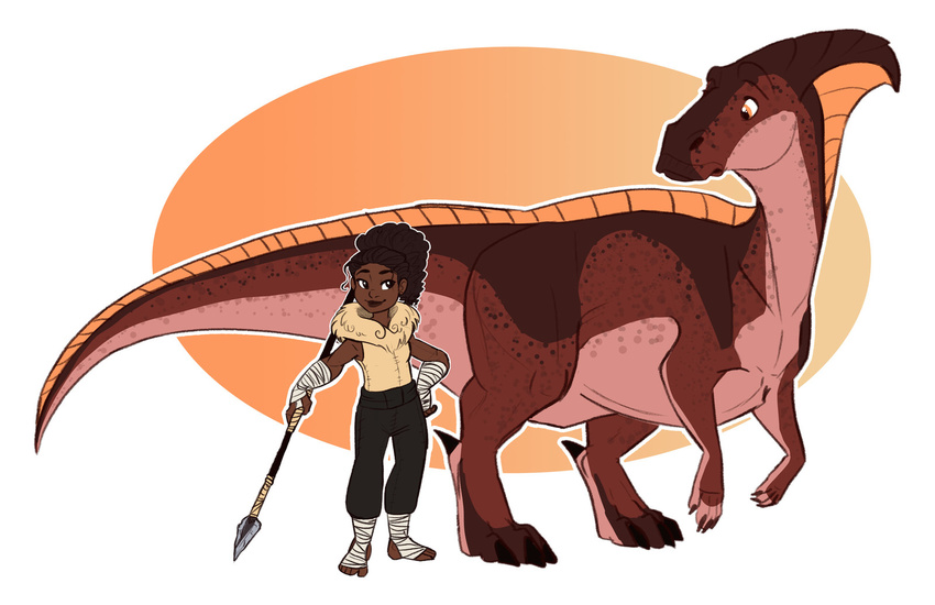 2018 ambiguous_gender clothed clothing digital_media_(artwork) dinosaur duo earthsong9405 female holding_object holding_weapon human mammal melee_weapon polearm red_skin simple_background spear standing weapon