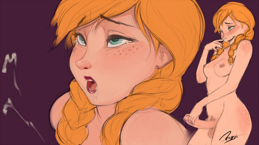 ahegao anna_(frozen) blue_eyes blush breasts cum cumming ejaculation freckles frozen_(disney) futanari masturbation nipples nude orange_hair orgasm rajii tears twintails