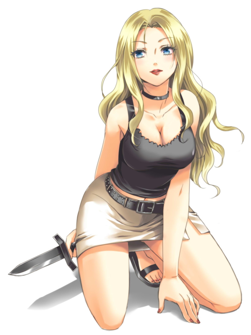 1girl ansatsu_kyoushitsu black_shirt blonde_hair blue_eyes breasts choker cleavage collarbone curly_hair full_body highres holding holding_knife irina_jelavic iwao kneeling knife large_breasts long_hair looking_at_viewer midriff miniskirt nail_polish navel parted_lips pleated_skirt red_lips red_nails shirt side_slit simple_background skirt sleeveless sleeveless_shirt solo stomach toenail_polish very_long_hair white_background white_skirt