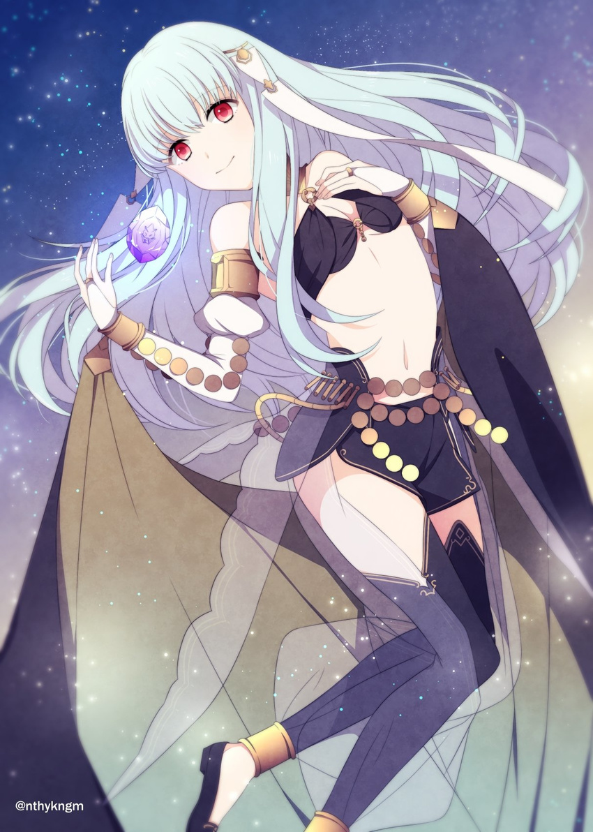 bare_shoulders blue_hair blush breasts cosplay crml_orng fire_emblem fire_emblem:_kakusei fire_emblem:_rekka_no_ken fire_emblem_heroes hair_ornament hairband highres jewelry long_hair looking_at_viewer mamkute midriff navel ninian olivia_(fire_emblem) olivia_(fire_emblem)_(cosplay) red_eyes small_breasts smile solo