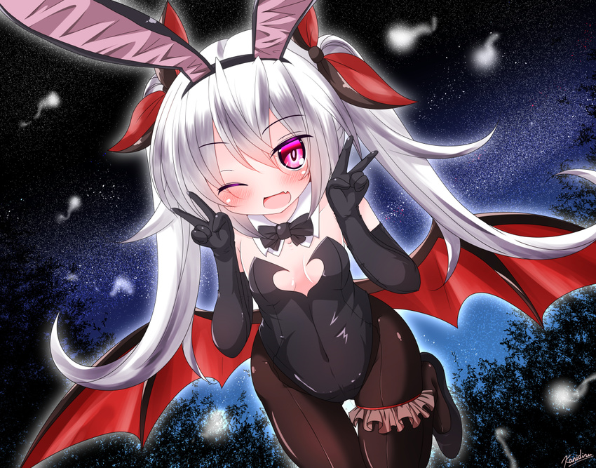 ;d animal_ears azur_lane bangs bare_shoulders bat_wings black_footwear black_gloves black_legwear black_leotard black_neckwear black_ribbon blush bow bowtie breasts bunny_ears bunny_girl bunnysuit cleavage cleavage_cutout collarbone commentary_request detached_collar double_v dutch_angle elbow_gloves eyebrows_visible_through_hair fang gloves hair_between_eyes hair_ribbon heart_cutout hitodama kanijiru leg_garter leotard long_hair looking_at_viewer low_wings medium_breasts night night_sky one_eye_closed open_mouth outdoors pantyhose purple_eyes red_ribbon red_wings ribbon shoes signature silver_hair sky smile solo star_(sky) starry_sky strapless strapless_leotard twintails v vampire_(azur_lane) very_long_hair wings