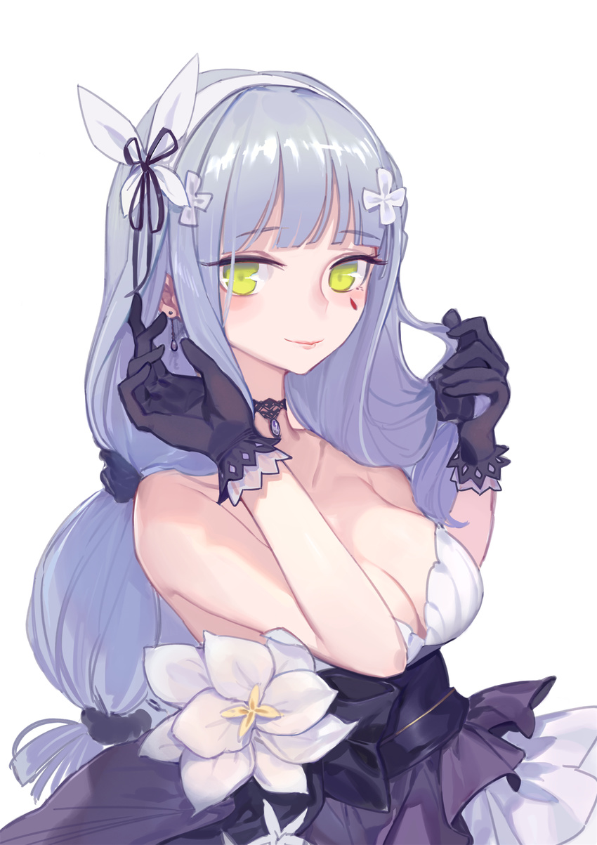 absurdres breasts choker cleavage dress earrings flower formal gen_(bividgen) girls_frontline gloves green_eyes hair_flower hair_ornament hairband highres hk416_(girls_frontline) jewelry large_breasts long_hair looking_at_viewer silver_hair smile solo