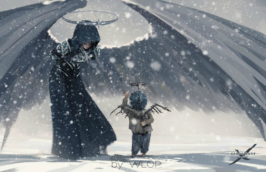 angel angel_wings arm_behind_back arm_up armor armored_dress arms_behind_back artificial_wings artist_name blue_hair bowing breastplate child from_behind full_body ghostblade halo height_difference highres holding hood hood_up hooded_dress leaning_forward long_sleeves looking_at_another outdoors pants pointing pointing_finger shirt snow snowing standing wing_umbrella wings wlop
