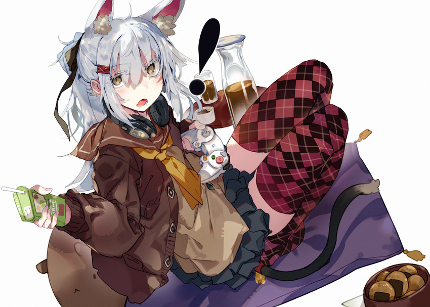 ahoge animal_ears argyle argyle_legwear bangs bell black_bow black_skirt bow brown_eyes brown_sailor_collar brown_shirt cardigan cat_ears cat_girl cat_tail commentary_request controller cup cushion drink drinking_glass dutch_angle eyebrows_visible_through_hair fang fingernails game_controller hair_between_eyes hair_bow hair_ornament hairclip headphones headphones_around_neck highres holding jingle_bell juice_box karei long_hair long_sleeves looking_at_viewer neckerchief no_shoes open_mouth original pleated_skirt ponytail purple_legwear sailor_collar school_uniform senbei serafuku shirt sidelocks silver_hair sitting skirt solo tail tail_bell thighhighs very_long_hair yellow_neckwear zabuton