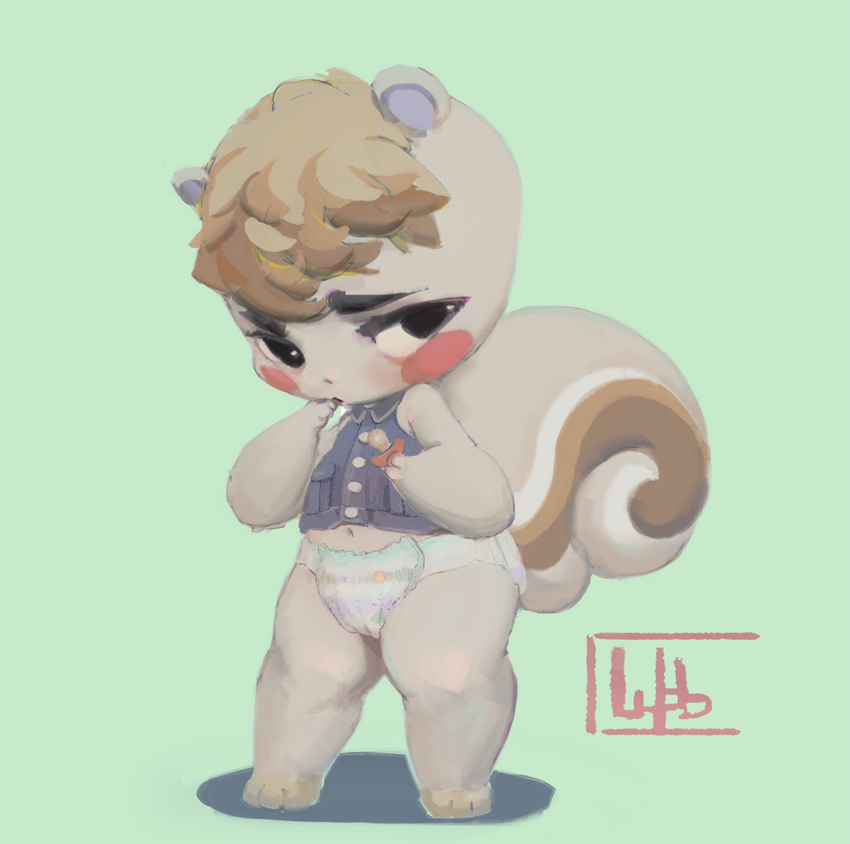 ageplay anthro blonde_hair blush diaper exalius hair looking_at_viewer male mammal marshal_(animal_crossing) pacifier rodent solo squirrel standing