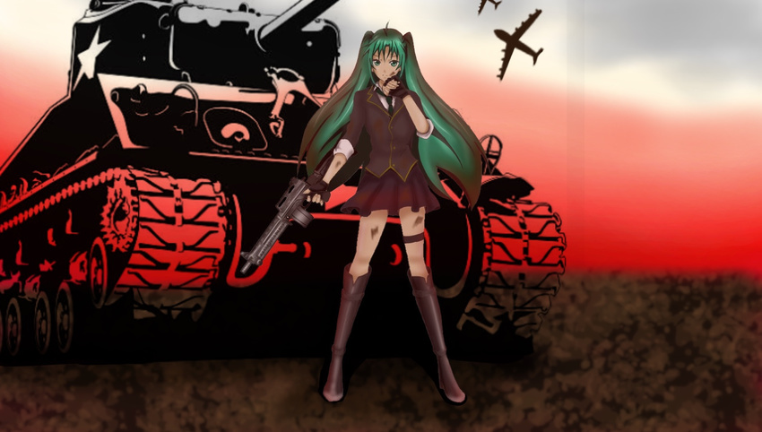 aircraft commentary_request copyright_request dirty dirty_clothes green_eyes green_hair ground_vehicle gun hatsune_miku m4_sherman military military_vehicle motor_vehicle qian_ye shirt skirt sky tank twintails vocaloid weapon
