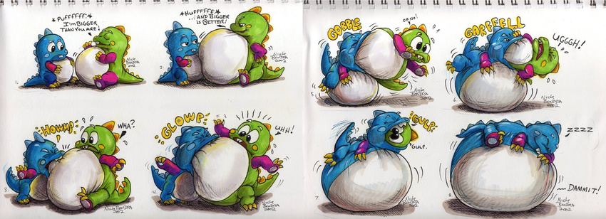 2002 3_fingers 3_toes belly big_belly bob_(bubble_bobble) bub bubble_bobble bubble_dragon dinosaur duo english_text hyper hyper_belly nick_bondra sequence simple_background size_difference swallowing text toes vore white_background