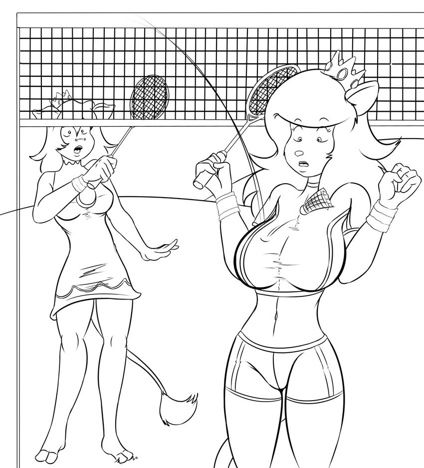 2018 anthro badminton badminton_racket barefoot beth_(sailoranna) big_breasts bovine breasts cat cattle clothing cosplay crown dress duo feline female gloves hair hi_res holding_object long_hair mammal mario_bros monochrome navel nintendo open_mouth princess_daisy princess_peach sailoranna shorts shuttlecock surprise tali video_games