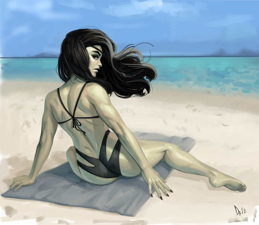 back barefoot beach black_hair black_nails black_swimsuit day diepod dimples_of_venus eyeshadow from_behind green_skin highres kim_possible looking_back makeup nail_polish ocean shego soles solo swimsuit thick_eyebrows toes toned wind