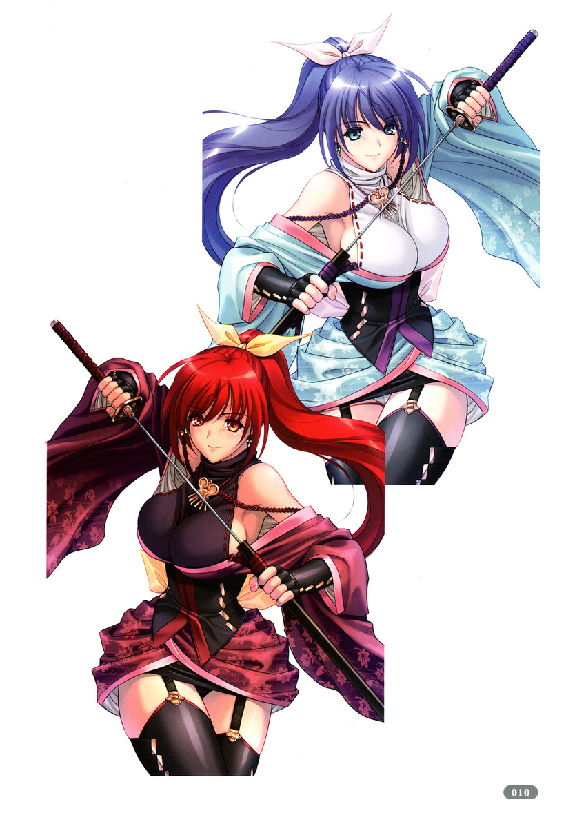 alternate_color bangs bare_shoulders black_legwear black_panties blue_eyes blue_hair breasts earrings elbow_gloves eyebrows_visible_through_hair fingerless_gloves floral_print garter_straps gloves highres holding holding_sword holding_weapon jewelry katana large_breasts long_hair looking_at_viewer magaki_ryouta miniskirt original page_number panties ponytail red_eyes red_hair scan sheath skirt smile sword thighhighs underwear weapon white_panties wide_sleeves