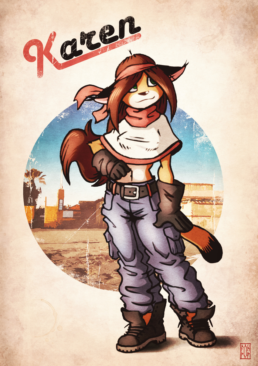 anthro belt boots brown_hair caracal character_name clothing ears_down feline female footwear fox-pop gloves green_eyes hair headband karen_caracal long_hair mammal midriff pants photo_background portrait solo standing text