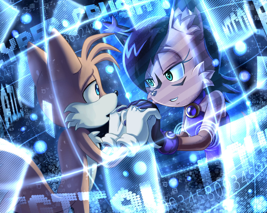 anthro canine clothing duo eye_contact feline female fox glitcher gloves hand_holding hi_res male male/female mammal miles_prower nicole_the_lynx sonic_(series) video_games