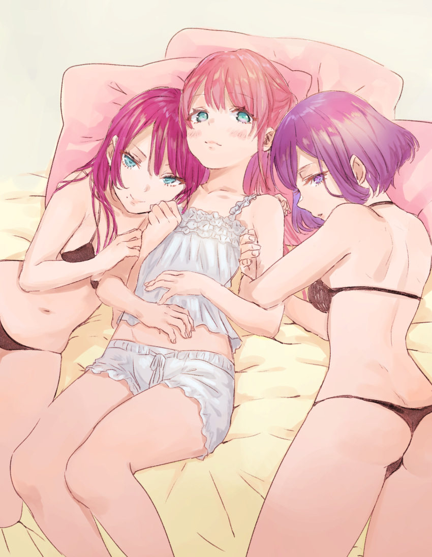 3girls aqua_eyes arm_grab bed_sheet black_bra black_panties blush bomhat bra brown_hair grey_background highres looking_at_viewer lying midriff mole mole_under_mouth multiple_girls navel on_back on_side on_stomach original panties pink_pillow purple_eyes purple_hair shiny shiny_hair shirt short_hair short_shorts shorts simple_background sleeveless sleeveless_shirt smile stomach traditional_media underwear underwear_only white_shirt white_shorts