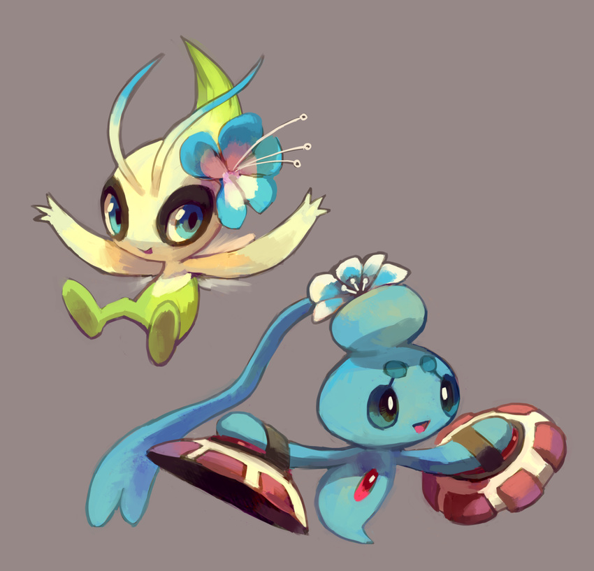 blue_eyes celebi commentary flower full_body fushigi_no_dungeon gen_2_pokemon gen_4_pokemon glitchedpuppet grey_background hair_flower hair_ornament highres legendary_pokemon no_humans open_mouth phione pokemon pokemon_(creature) pokemon_(game) pokemon_fushigi_no_dungeon simple_background smile