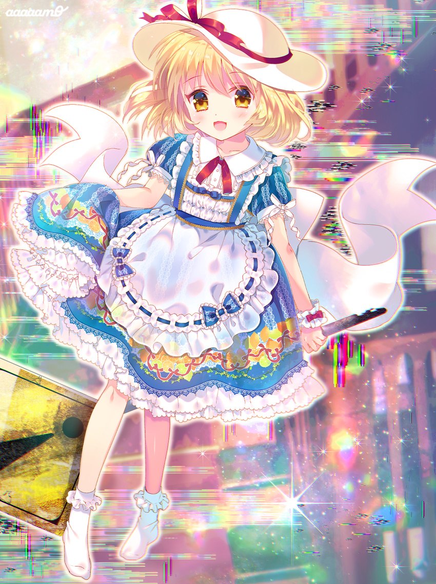 :d abstract_background amo artist_name bangs blonde_hair blue_dress blush bobby_socks bow collarbone commentary dress eyebrows_visible_through_hair hair_between_eyes hat head_tilt highres holding kana_anaberal looking_at_viewer open_mouth puffy_short_sleeves puffy_sleeves road_sign short_sleeves sign skirt_hold smile socks solo sun_hat touhou touhou_(pc-98) white_bow white_hat white_legwear yellow_eyes