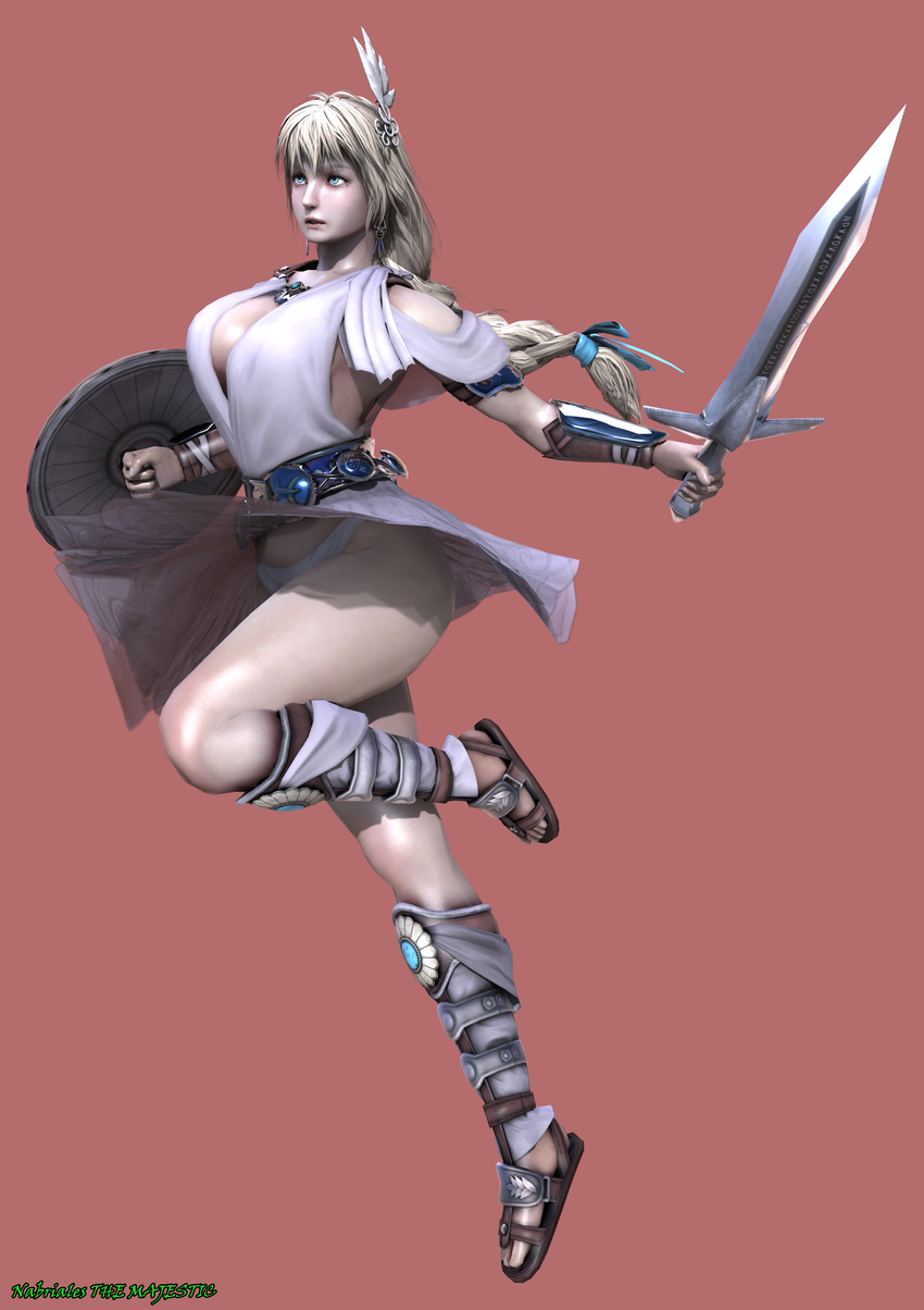 1girl 3d blonde_hair blue_eyes breasts female greek hips holding_weapon jumping large_breasts legs long_hair panties pink_background sandals shield simple_background skirt sophitia_alexandra soul_calibur sword the_majestic thick_thighs thighs upskirt white_clothes wide_hips