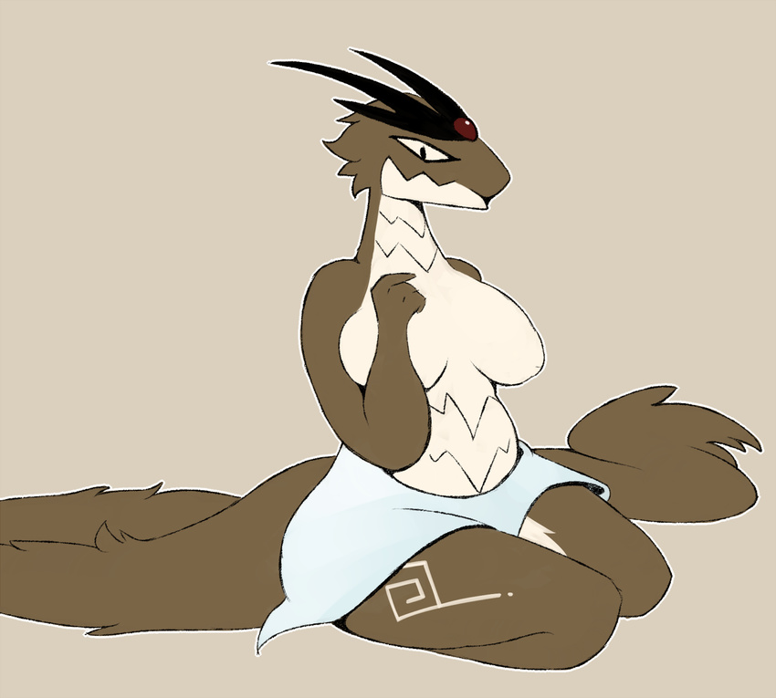 2018 3_fingers aliasing belly big_breasts black_horn blue_bottomwear blue_clothing breasts brown_background brown_fur brown_tail brown_theme cheek_tuft clothed clothing cottoncanyon countershade_face countershade_legs countershade_torso countershading dragon female fluffy fluffy_tail forehead_gem frown full-length_portrait fur furred_dragon garnet_(gem) hi_res horn humanoid_hands katya_(7th-r) kneeling long_tail markings multicolored_fur outline portrait simple_background skirt slightly_chubby slit_pupils small_waist solo tan_countershading tan_fur topless tuft two_tone_fur white_markings wide_hips