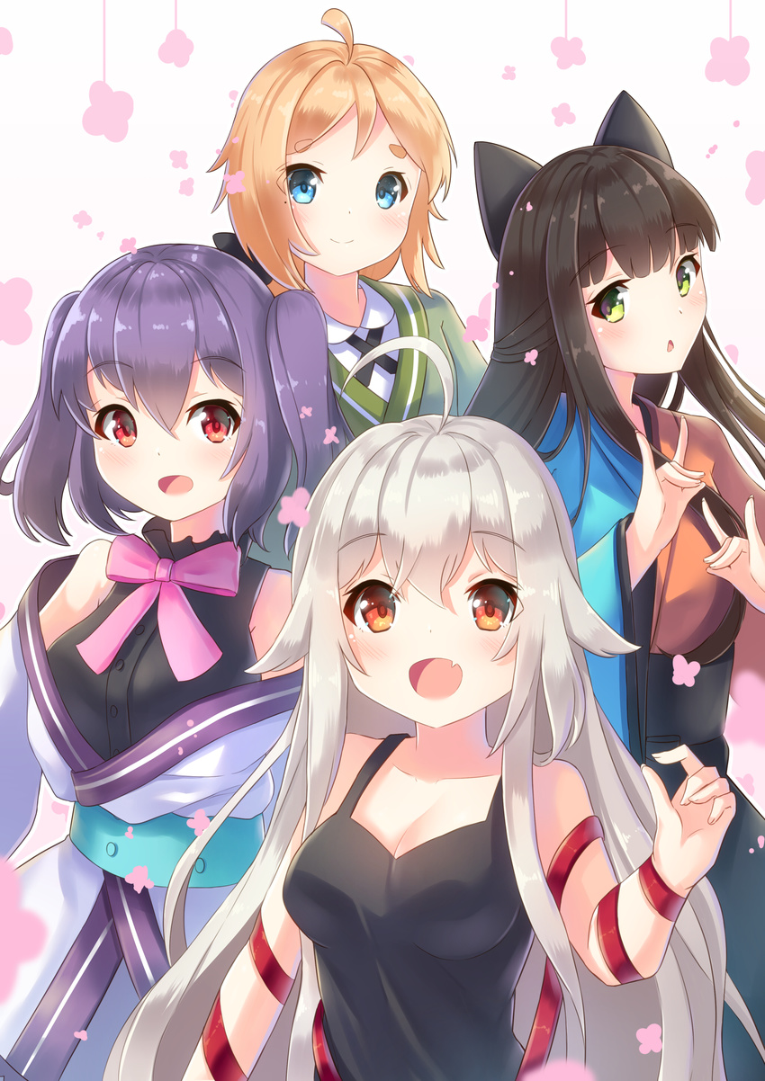 :d absurdres ahoge arm_ribbon bangs bare_shoulders black_bow black_hair black_tank_top blue_eyes blush bow bowtie breasts brown_eyes chiya_(urara_meirochou) cleavage closed_mouth collarbone commentary_request eyebrows_visible_through_hair fang fingernails fox_shadow_puppet green_eyes green_kimono hair_between_eyes hair_bow hair_flaps highres holmemee japanese_clothes kimono light_brown_hair long_hair looking_at_viewer medium_breasts multicolored multicolored_clothes multicolored_kimono multiple_girls natsume_nono obi off_shoulder open_mouth parted_lips pink_neckwear purple_hair red_eyes red_ribbon ribbon sash shirt short_kimono sidelocks silver_hair smile suspenders tank_top tatsumi_kon thick_eyebrows two_side_up urara_meirochou very_long_hair white_kimono white_shirt yukimi_koume