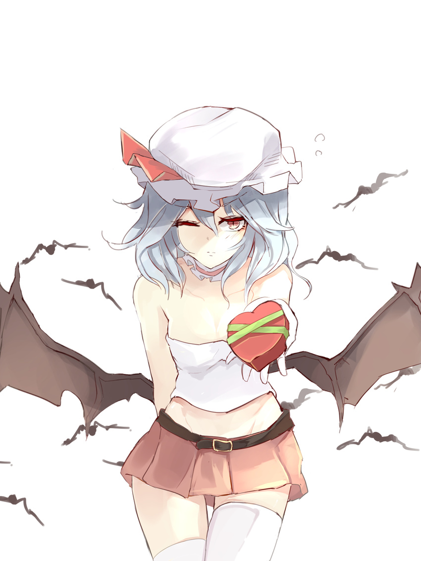 alternate_costume arm_behind_back bare_shoulders bat belt blue_hair blush box breasts choker cleavage collarbone cowboy_shot crop_top demon_wings expressionless gift groin hat heart-shaped_box highres holding holding_gift medium_hair miniskirt mob_cap one_eye_closed red_eyes red_skirt remilia_scarlet simple_background skirt slit_pupils small_breasts solo thighhighs touhou valentine vampire white_background white_legwear wings yu_kitsune