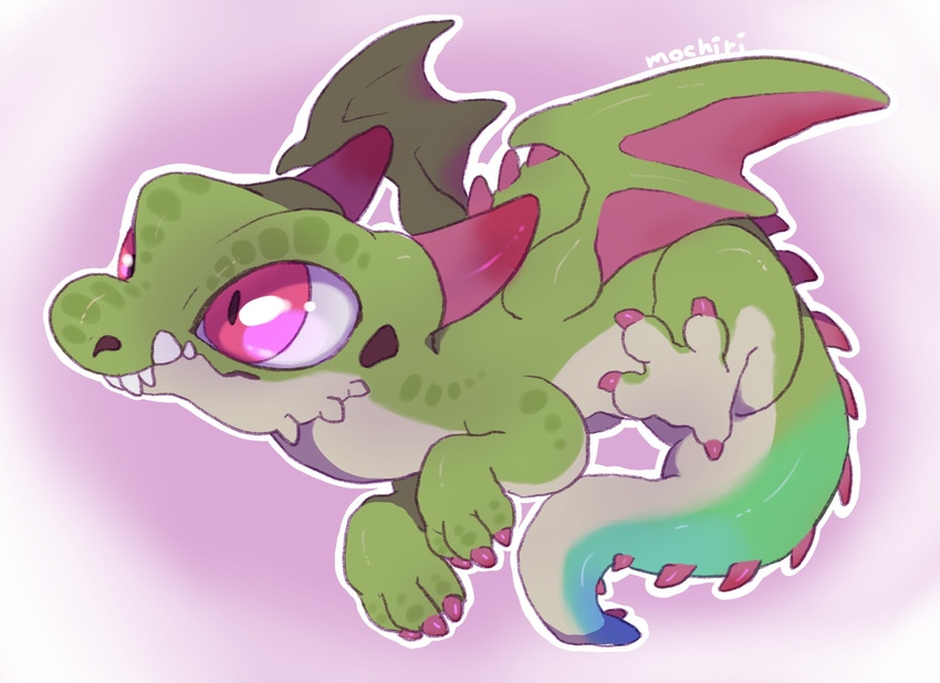 2018 ambiguous_gender blue_markings claws dragon feral flying gradient_background green_scales grey_belly horn markings membranous_wings mochiri pink_eyes pink_markings purple_background scales scalie side_view simple_background solo spread_toes toe-claws western_dragon wings