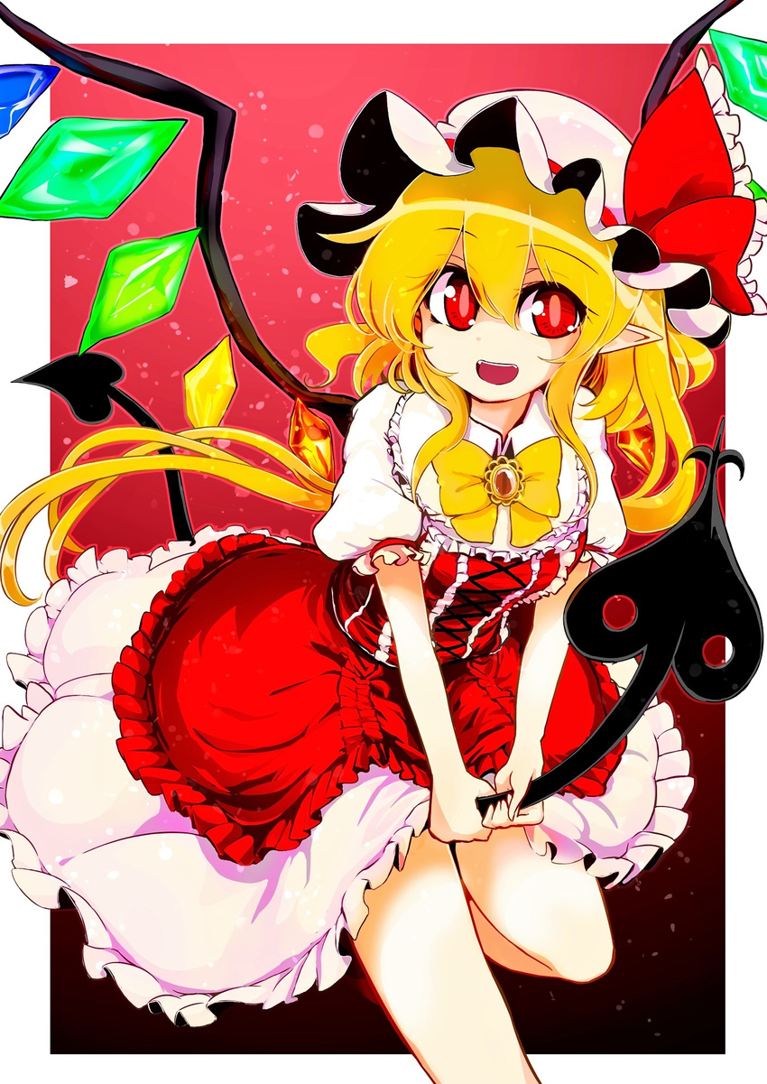 azumaya_toushirou blonde_hair border bow bowtie brooch commentary_request dress eyebrows_visible_through_hair feet_out_of_frame flandre_scarlet frilled_shirt_collar frills hair_between_eyes hat hat_bow highres jewelry laevatein leaning_forward looking_at_viewer open_mouth outside_border petticoat pointy_ears puffy_short_sleeves puffy_sleeves red_background red_bow red_dress red_eyes short_hair short_sleeves side_ponytail simple_background smile solo standing standing_on_one_leg touhou white_border wings yellow_bow yellow_neckwear