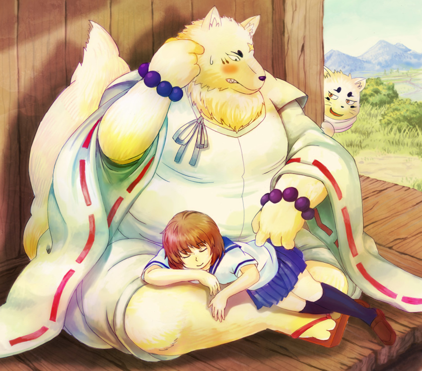 2012 anthro blush canid canine clothing female fox fur gingitsune gintaro haru_(gingitsune) human humanoid_hands lako male mammal outside overweight overweight_male robe sitting white_fur