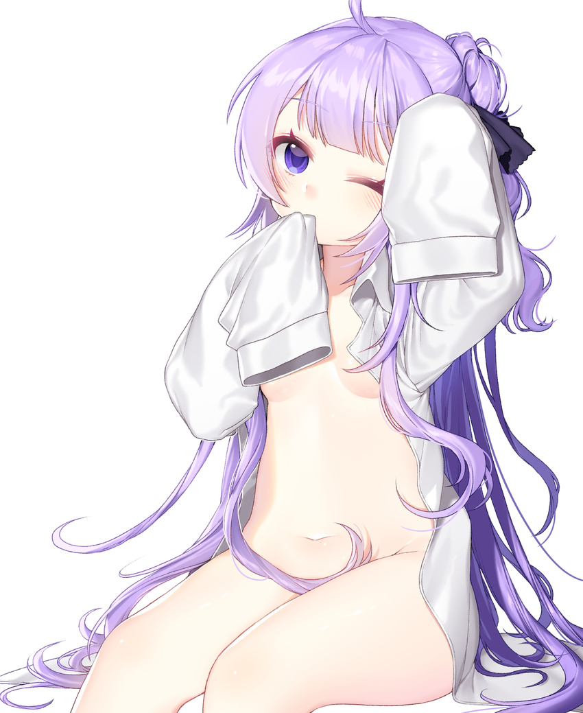 ahoge arm_up azur_lane bangs black_ribbon blush breasts commentary_request covered_mouth dress_shirt eyebrows_visible_through_hair hair_bun hair_ribbon head_tilt highres ia_(ias1010) long_hair long_sleeves looking_at_viewer naked_shirt navel one_eye_closed open_clothes open_shirt oversized_clothes oversized_shirt purple_eyes purple_hair ribbon shirt side_bun simple_background sitting sleeves_past_fingers sleeves_past_wrists small_breasts solo unicorn_(azur_lane) very_long_hair white_background white_shirt