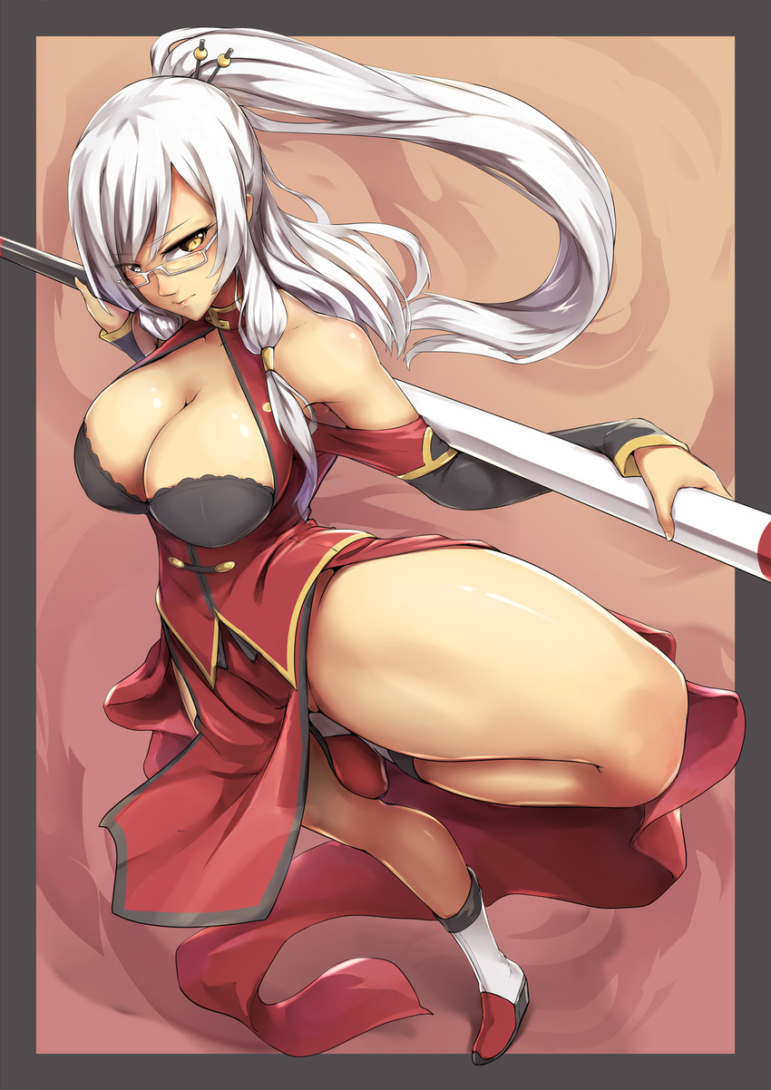 bangs bare_shoulders blazblue breasts chinese_clothes cleavage cleavage_cutout commentary cosplay full_body glasses hair_ornament hair_stick highres holding large_breasts litchi_faye_ling litchi_faye_ling_(cosplay) long_hair looking_at_viewer original packge polearm ponytail semi-rimless_eyewear solo standing standing_on_one_leg swept_bangs under-rim_eyewear weapon white-framed_eyewear white_hair yellow_eyes