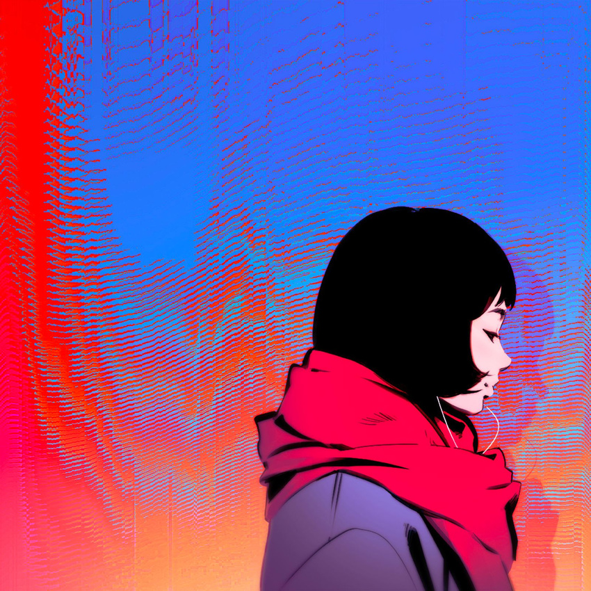 black_hair closed_eyes earphones highres ilya_kuvshinov original profile resized scarf short_hair smile solo upper_body upscaled