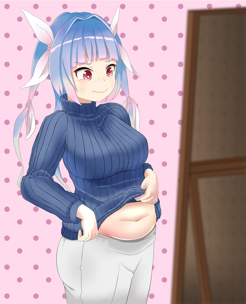 absurdres belly belly_peek blush breasts curvy fat_folds highres i-19_(kantai_collection) kantai_collection large_breasts meat_day mirror navel plump ribbed_sweater shirt_lift simple_background sweater turtleneck turtleneck_sweater wavy_mouth weight_conscious youryuu