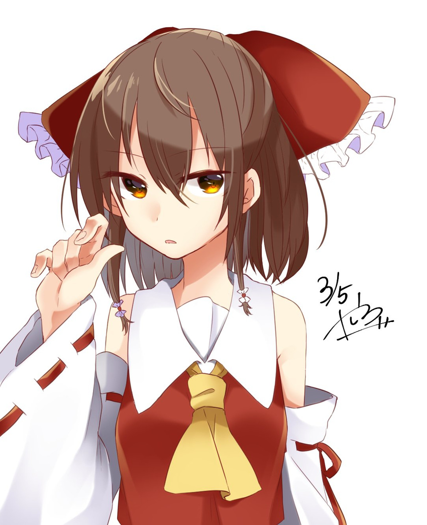 abe_suke ascot bangs bow brown_eyes brown_hair detached_sleeves eyebrows_visible_through_hair hair_between_eyes hair_bow hair_tubes hakurei_reimu hand_up highres long_sleeves looking_at_viewer red_bow ribbon-trimmed_sleeves ribbon_trim signature simple_background solo touhou upper_body white_background wide_sleeves