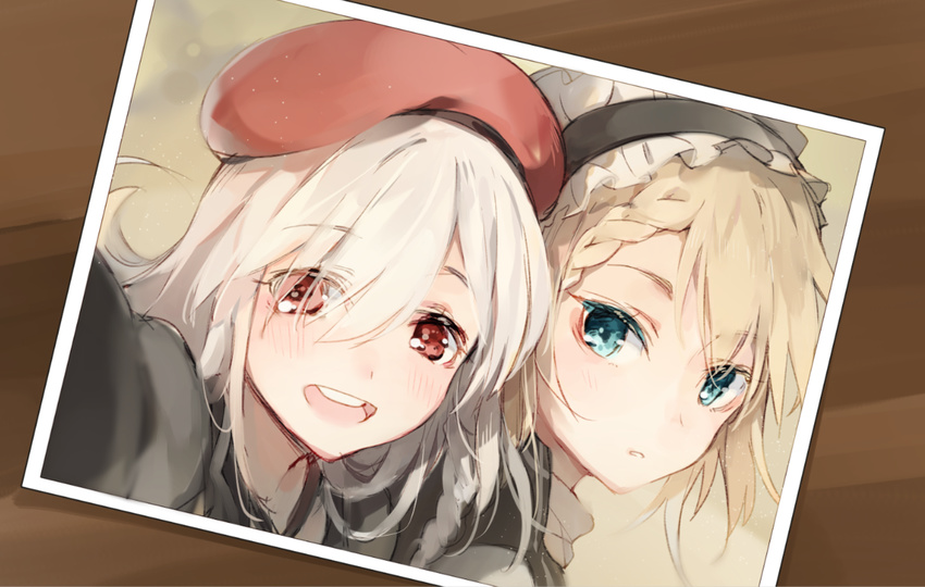 bangs beret blonde_hair blue_eyes blush braid commentary_request eyebrows_visible_through_hair eyes_visible_through_hair floating_hair g36_(girls_frontline) g36c_(girls_frontline) girls_frontline grey_hair hair_over_one_eye hat jacket light_particles long_hair looking_at_viewer maid maid_headdress military military_uniform multiple_girls open_mouth parted_lips photo_(object) red_eyes shirt shuzi side_braid silver_hair smile tareme tsurime uniform white_shirt