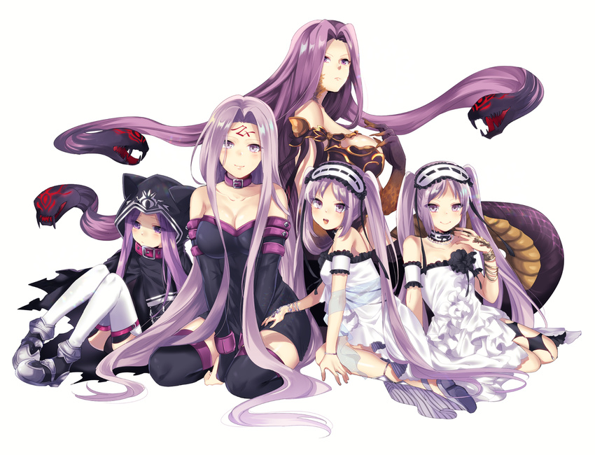 5_girls bare_shoulders choker closed_mouth collarbone euryale frills gorgon_(fate) hairband lolita_hairband medusa_(lancer)_(fate) purple_eyes purple_hair rider snake stheno thighhighs twintails very_long_hair