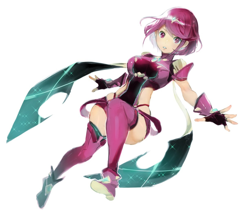 aisutabetao breasts earrings fingerless_gloves gloves hair_ornament homura_(xenoblade_2) jewelry large_breasts looking_at_viewer red_eyes red_hair short_hair shorts sidelocks simple_background solo tiara white_background xenoblade_(series) xenoblade_2