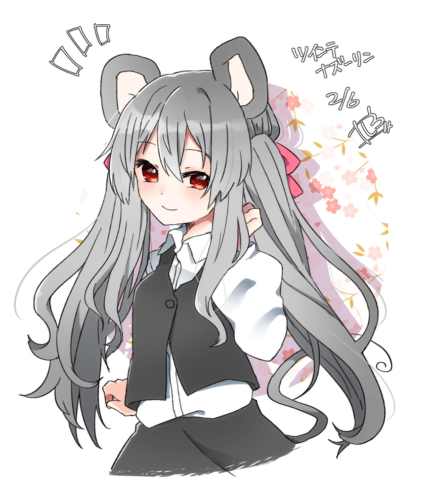 1girl abe_suke alternate_hair_length alternate_hairstyle animal_ears bangs black_skirt brown_eyes buttons character_name closed_mouth collared_shirt commentary_request eyebrows_visible_through_hair grey_hair highres long_hair long_sleeves looking_at_viewer mouse_ears nazrin notice_lines shirt sidelocks signature skirt smile solo touhou twintails upper_body white_shirt