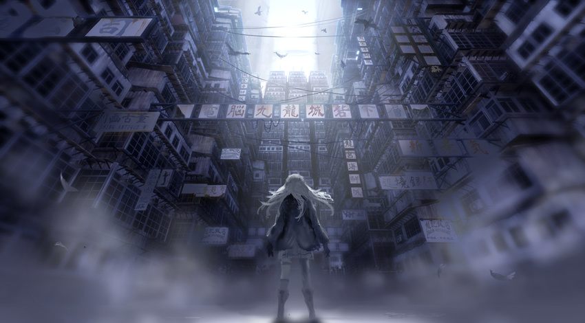 asymmetrical_legwear bird blonde_hair blurry boots building chinese commentary_request day denki depth_of_field facing_away fog from_behind from_below gloves jacket knee_boots legs_apart long_hair long_sleeves original paper perspective pleated_skirt scenery sign skirt standing thigh_strap