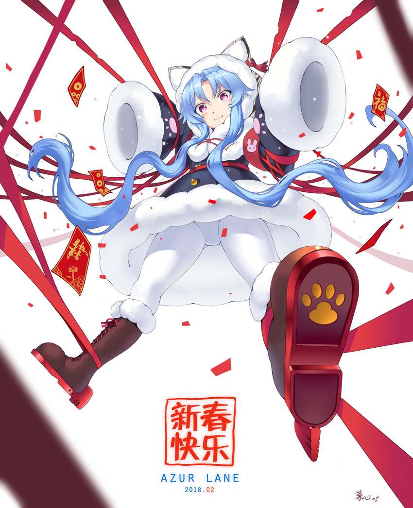 2018 :3 animal_hood animal_print armband ass_visible_through_thighs azur_lane blue_dress blue_hair blurry blush boots brown_footwear bunny cai_de_xin capelet cat_hood chang_chun_(azur_lane) closed_mouth copyright_name cross-laced_footwear dated depth_of_field dress eyebrows eyebrows_visible_through_hair eyelashes floating_hair fur_trim hair_intakes highres hood hood_up hooded_capelet jewelry lace-up_boots legs_apart long_hair long_sleeves pantyhose paw_print pink_eyes pink_ribbon ribbon rudder_shoes shoes single_earring sleeves_past_wrists smile solo text_focus tiger_print very_long_hair white_legwear wide_sleeves